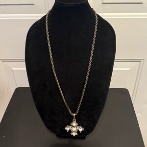 CAbi Goldtone Rhinestone Faux Pearl Cabochon Maltese Cross Pendant Necklace